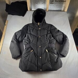 Michael Kors Womens XL Black Puffer Jacket Coat Hooded Belted Faux Fur Winter